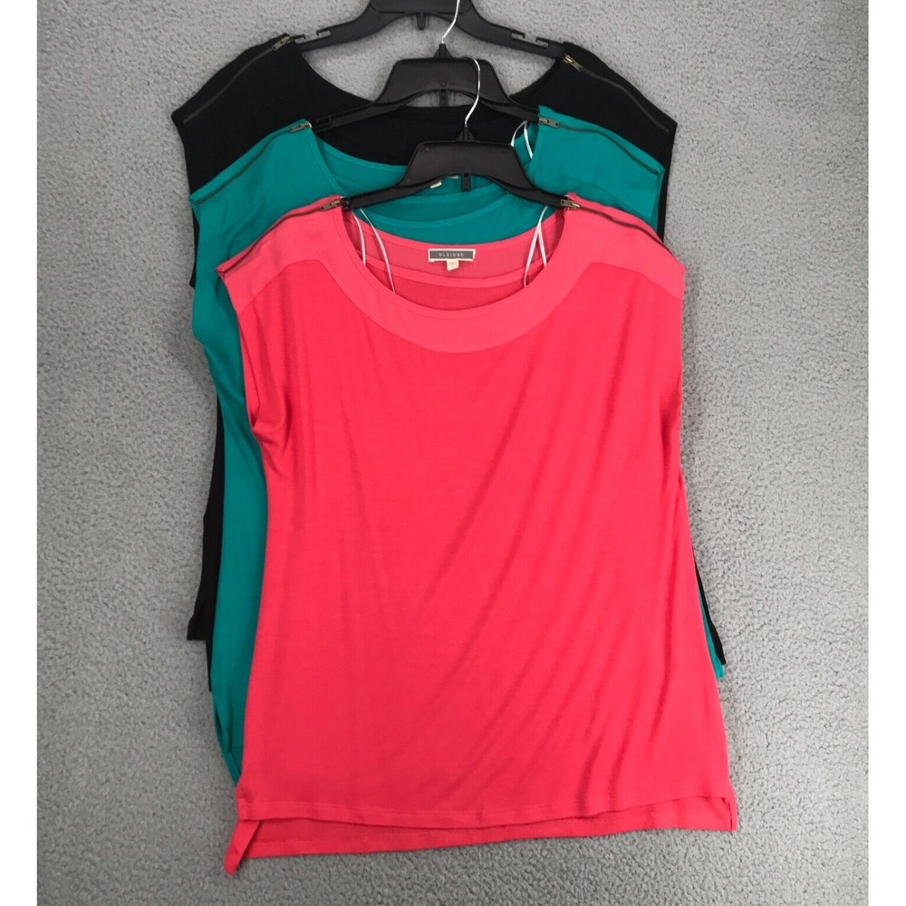 Pleione Lot of 3 Tops Women Size L Sleeveless Zip Accent Green Black Coral